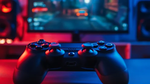 Dual-stick game controller under neon bokeh lighting.
