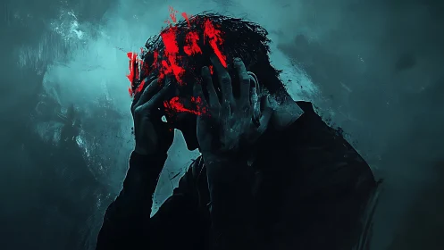 Cracked thoughts burn crimson through a storm of teal silence