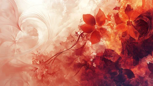 Fiery red floral abstraction with dynamic swirling motion.