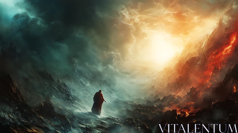 Lone wanderer crosses fiery rift beneath apocalyptic sky.