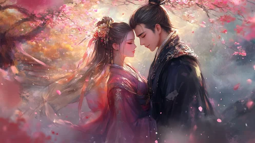 Two figures in traditional garments among flowering trees.