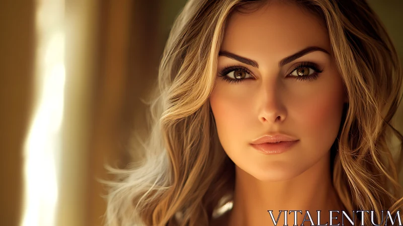 Photorealistic portrait of blonde woman in warm light.