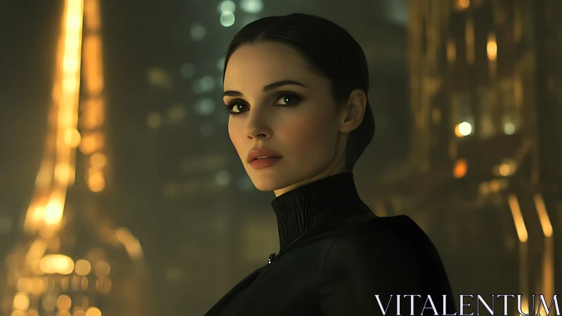 Elegant woman stands before blurred futuristic city lights