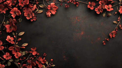 Crimson Floral Botanical Composition Against Charcoal Textured Background.