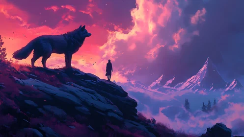 Wolf sentinel and wanderer beneath emberstorm skies.