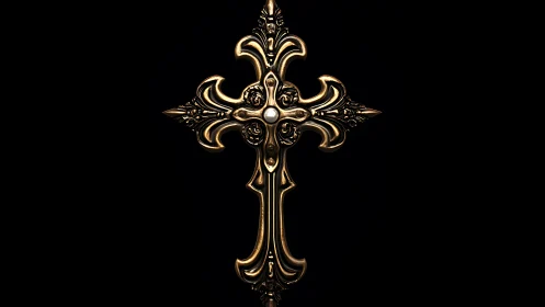 Ornate golden cruciform emblem on deep black field.