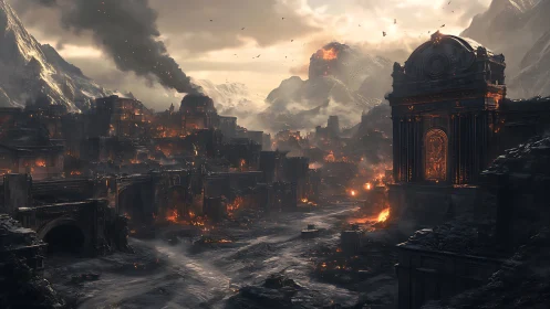 Burning mountain city bathed in molten twilight glow.