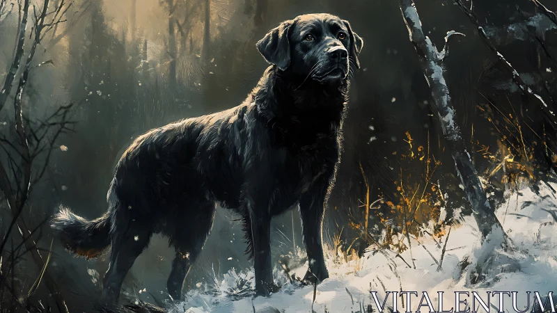 Black dog stands alert in snowy golden forest light