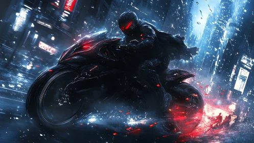 Neon phantom rider carving sparks through rain-slick night.