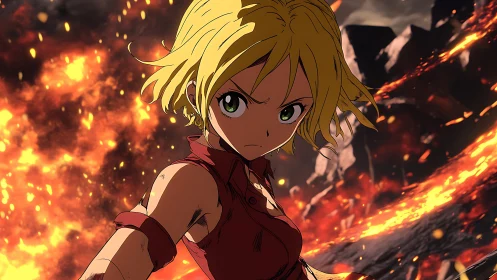 Anime battle portrait with dynamic lava field backdrop.