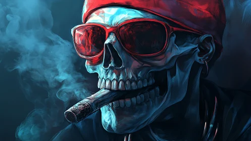 Bold neon skull in sunglasses enjoys a smoky cigar moment