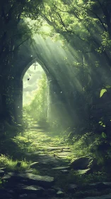 Ancient Stone Archway Through Overgrown Forest