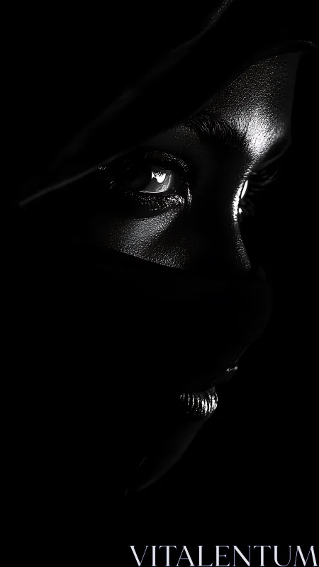 Glimmering eyes emerge from darkness in stark contrast.