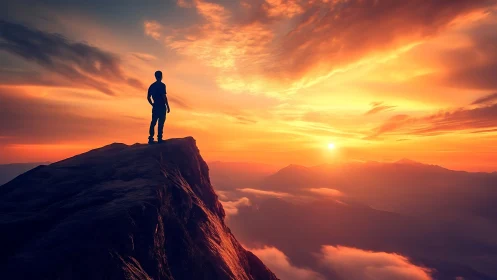 Silhouette of lone hiker on mountain peak at vivid sunrise.