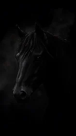 Dark horse portrait on black background in moody light.