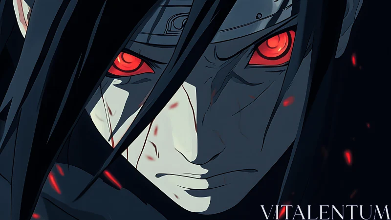Crimson gaze of a relentless anime avenger in shadowed fury.