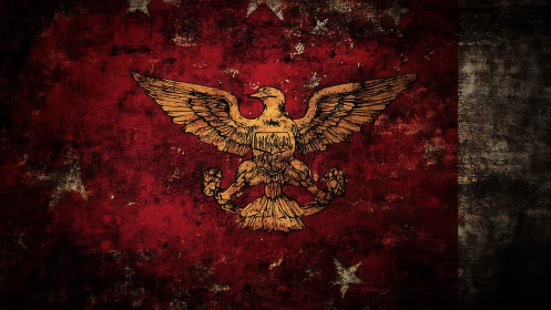 Battle-scarred crimson banner with golden heraldic eagle.