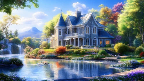 Fairytale stone villa beside tranquil lake and waterfalls.