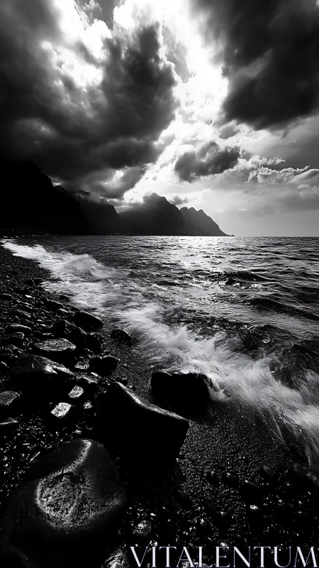 Storm-torn shoreline under a rift of blinding sea-light.