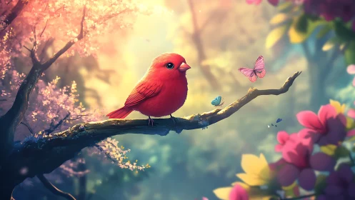 Vibrant red bird on a blossoming branch with butterflies, dreamy art.