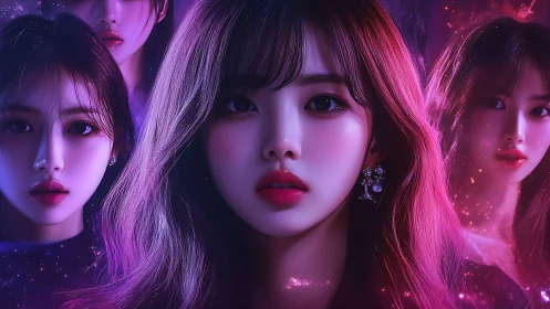 Luminescent girl group portrait in ethereal neon glow.