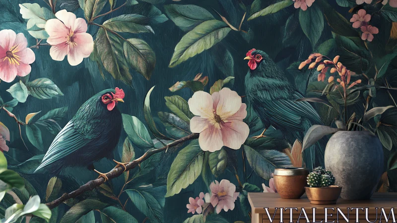 Garden roosters roost quietly inside a painted jungle wall