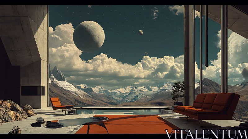 Modern interior terrace with pool facing distant moonscape.