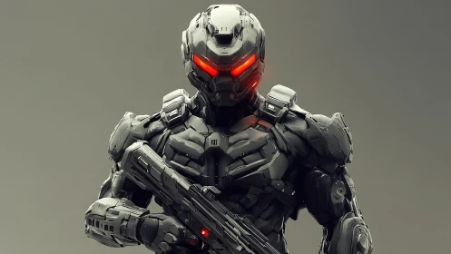 Futuristic armored cyborg stands ready with glowing red gaze