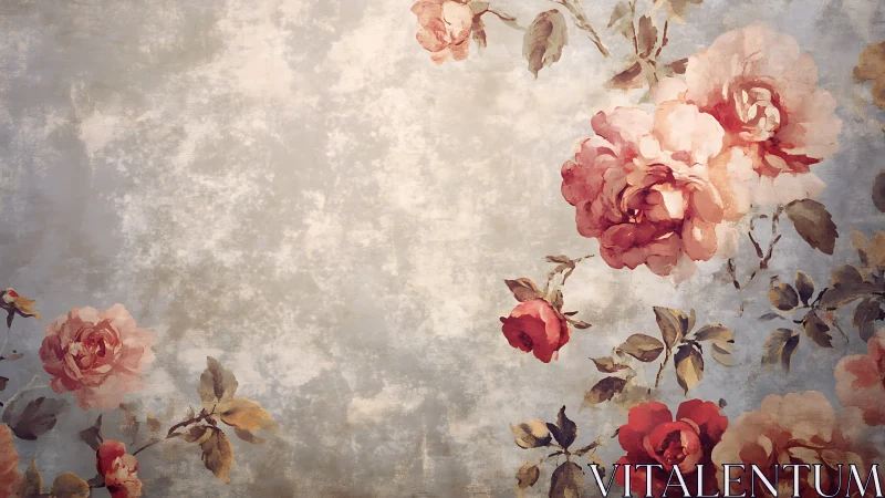 Vintage roses bloom softly against a weathered pastel sky