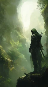 Hooded ranger silhouette overlooking misted green canyon