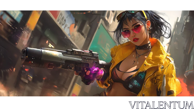 Cyberpunk street mercenary aims glowing shotgun down alley
