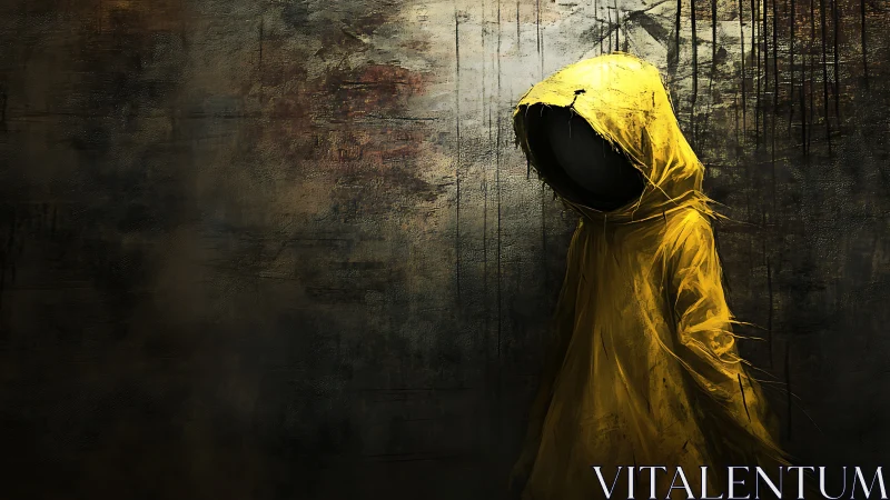 Hollow hood in yellow raincoat haunting a ruined wall.