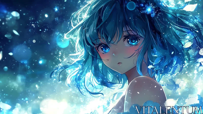 Blue haired anime girl glows amid swirling light fragments