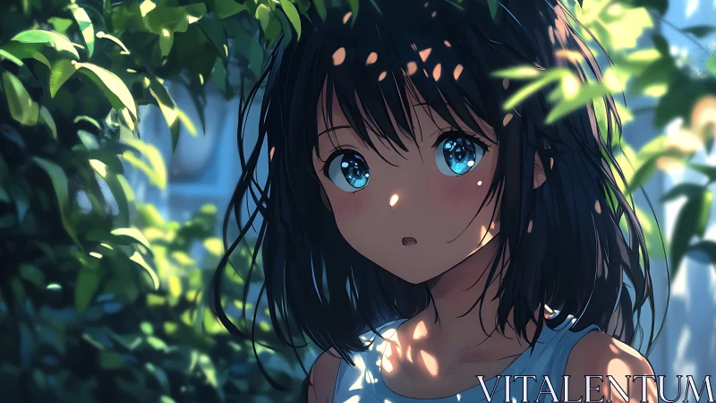 Sunlit anime girl portrait framed by dappled garden light.