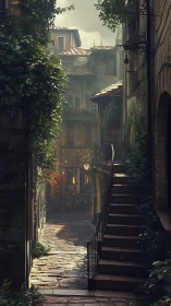 Narrow stone alley with ivy, external stair and diffuse dusk lighting