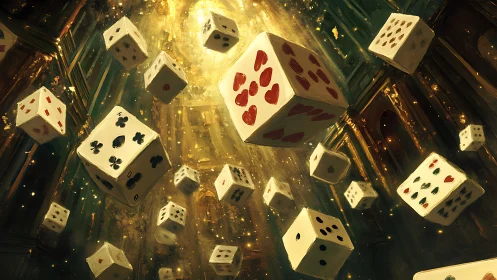 Glowing casino dice swirling through a gilded atrium.