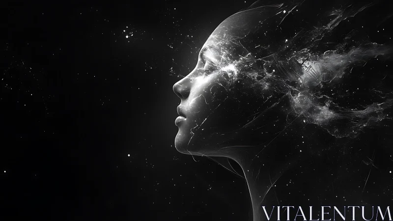 Cosmic digital portrait of dissolving human profile in space.