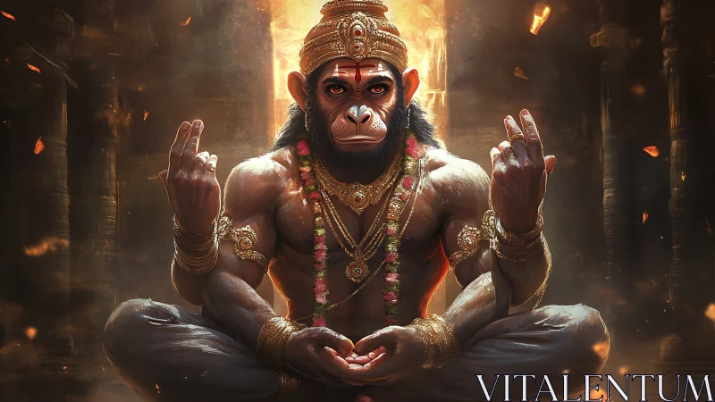 Mythic simian deity in meditative pose, ornate temple light