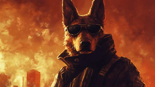 Tactical canine operative against incendiary urban skyline.