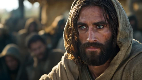 Bearded man in hooded robe with intense gaze in crowd.