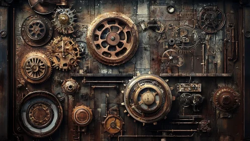 Interlocked metal gears and pipes form a mechanical wall system