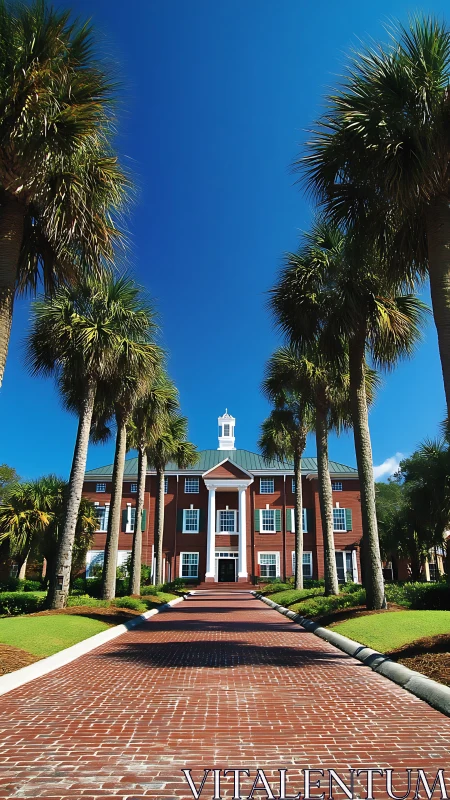 Palm-lined brick walkway to neoclassical red-brick campus hall.