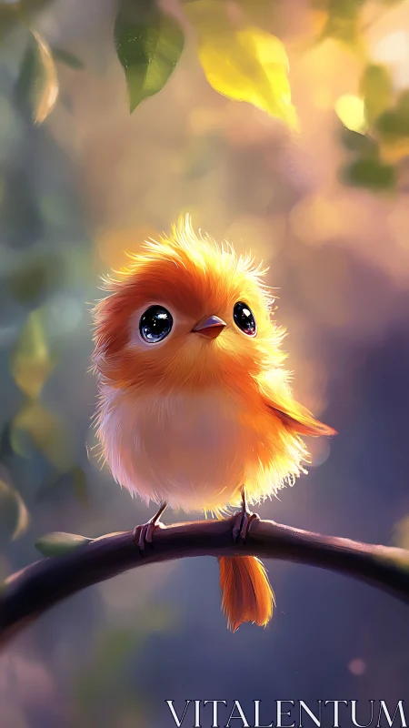 Fluffy orange songbird gazes upward through soft forest light