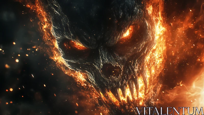 Fiery skeletal face emerging from dark molten flames.