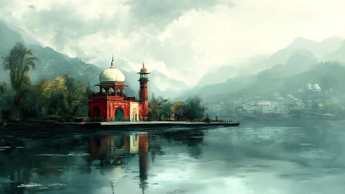 Lakeside domed pavilion with distant town and mountains.