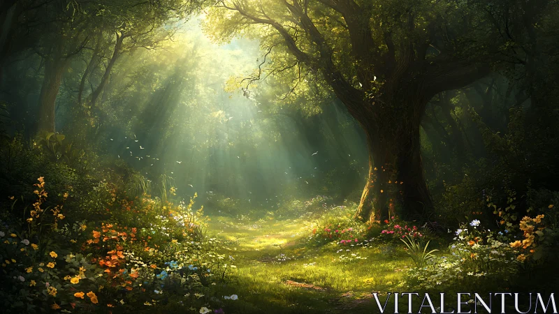 Enchanted forest bathed in golden sunlight and ethereal radiance.