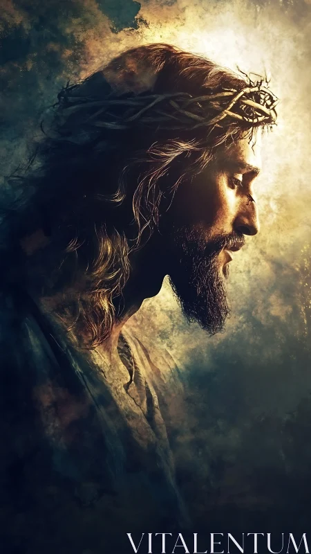 Side profile of bearded man with crown of thorns in light.