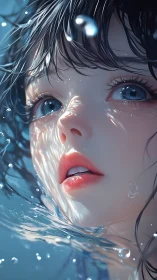 Close-up stylized face partially submerged in reflective water.