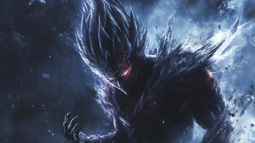 Digital painting of feral dark entity in glacial energy storm.