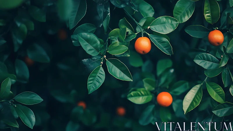 Midnight citrus chorus among brooding emerald leaves.